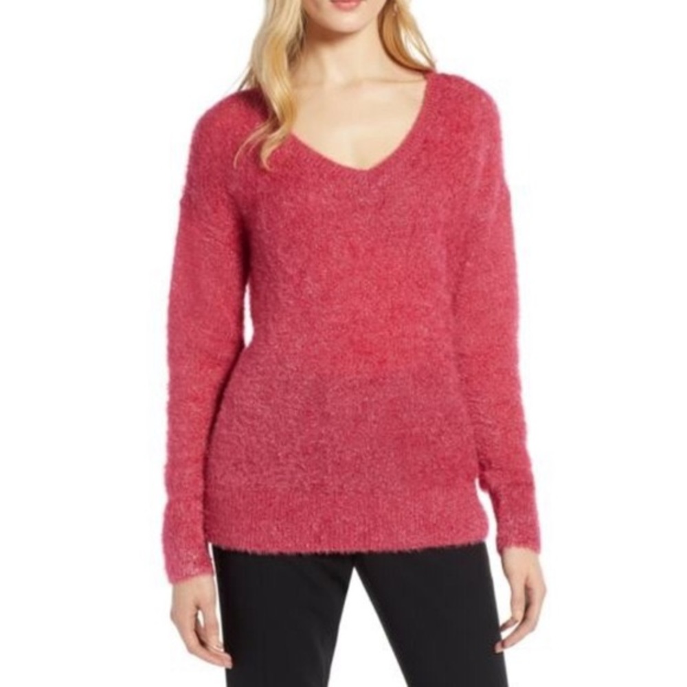 Halogen Fuzzy Pink V Neck Eyelash Sweater